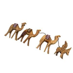 Vintage Wooden Handcraved Man With 3 Camels Made In Israel 4” Tall Folk Art
